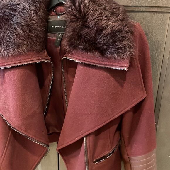 Bcbg Burgundy Wool Fur Neck Trim Coat Jacket Sz S - Picture 4 of 5